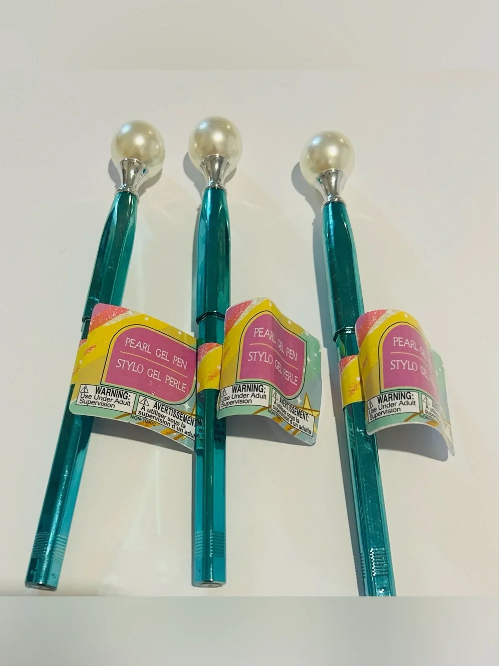 New 3 Pearl Gel Pens Green Bottoms Pearl on Top Blue Ink Pen
